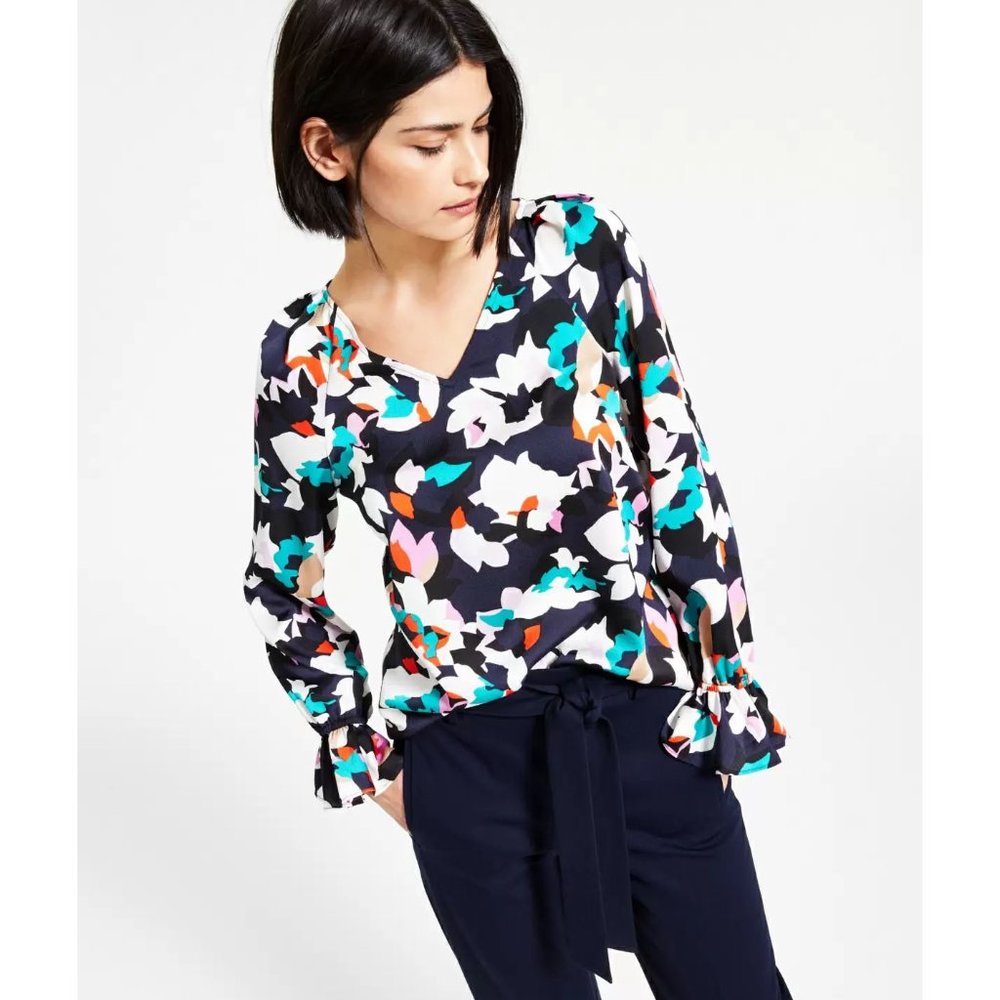 Bar III Floral-Print V-Neck Top, Bar Navy Combo